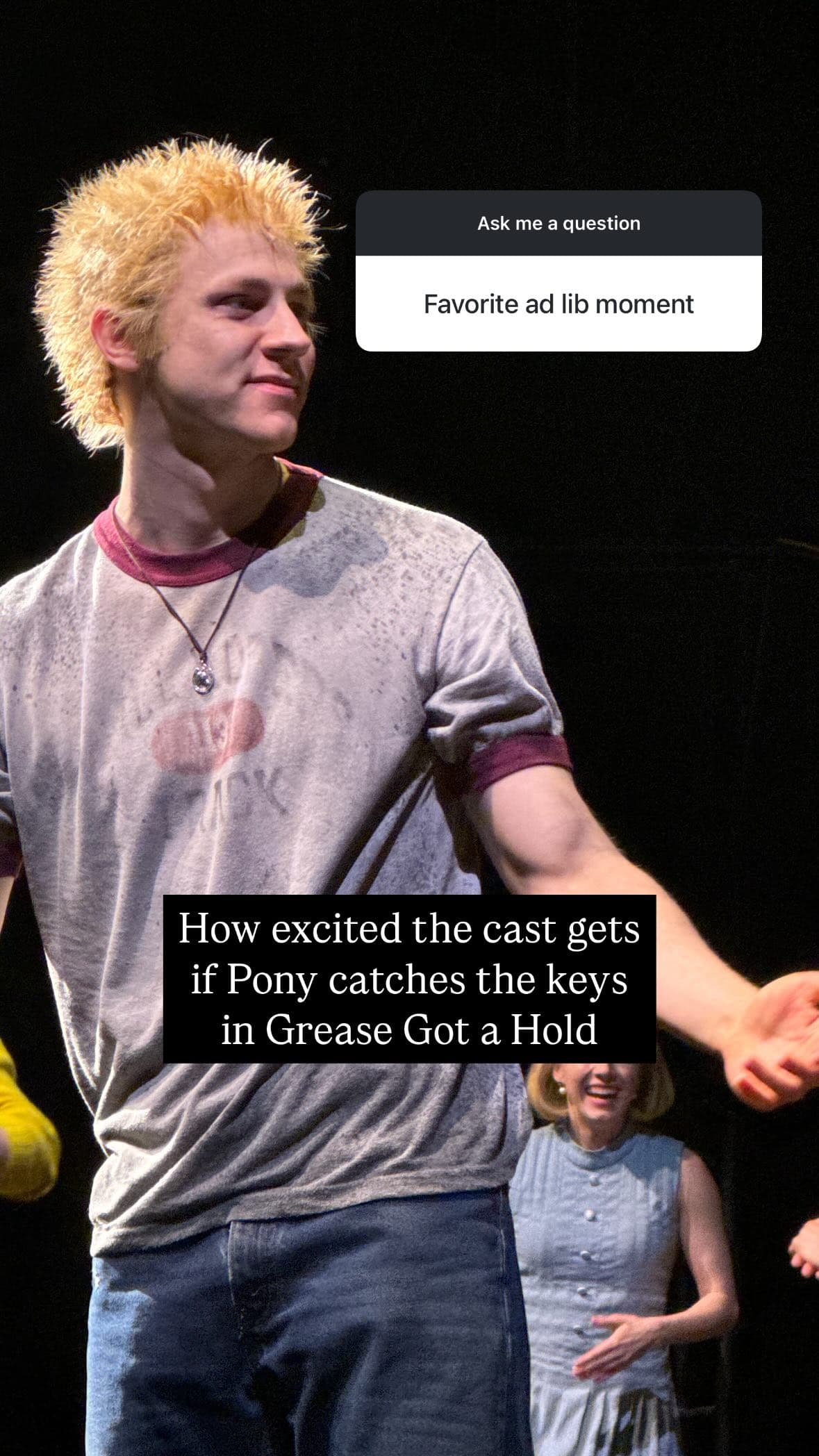 An Instagram story of a photo of Brody Grant dressed as Ponyboy in a blonde wig, at curtain call.