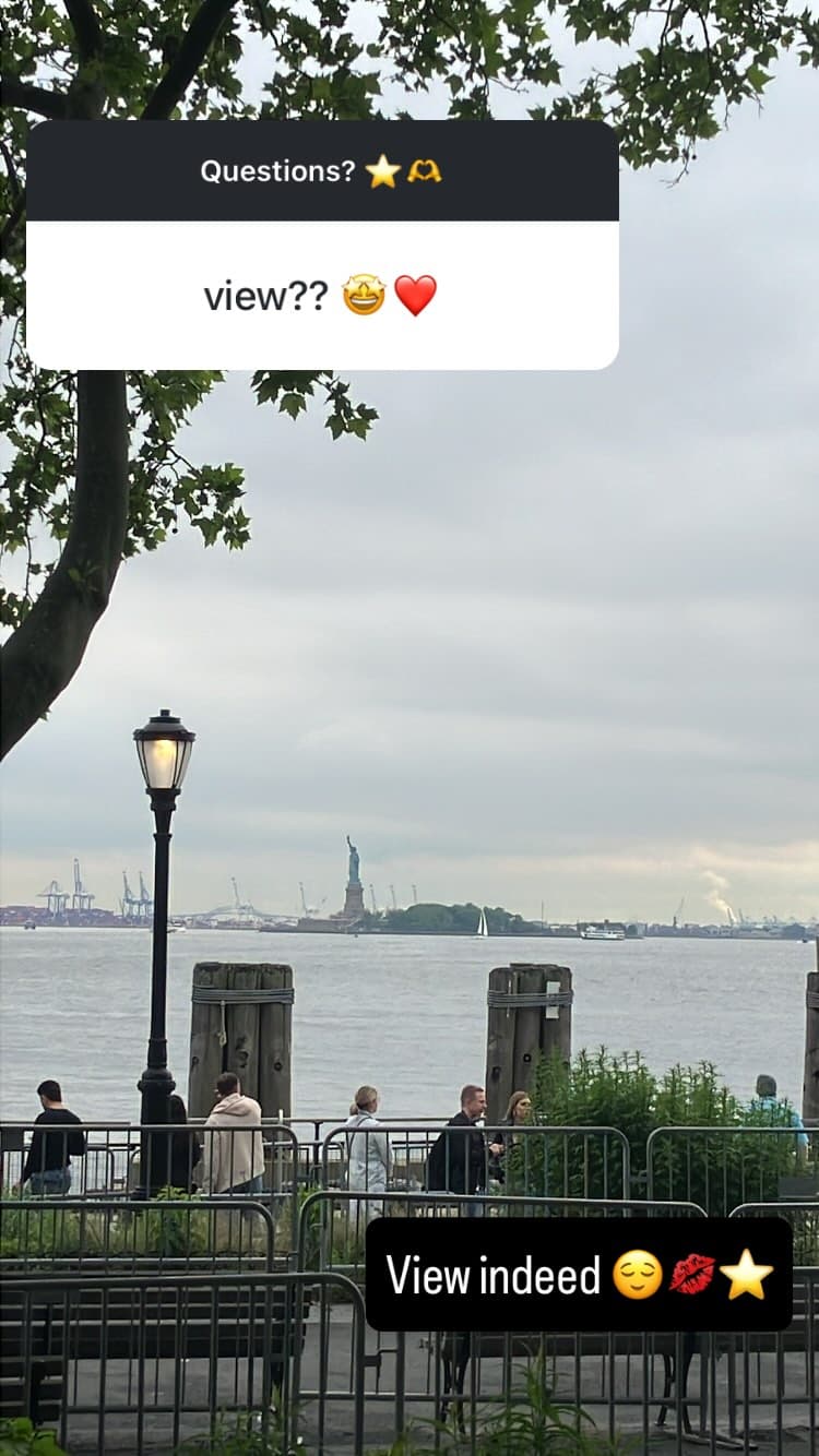 An Instagram story of a view of the Statue of Liberty and the surrounding harbor.